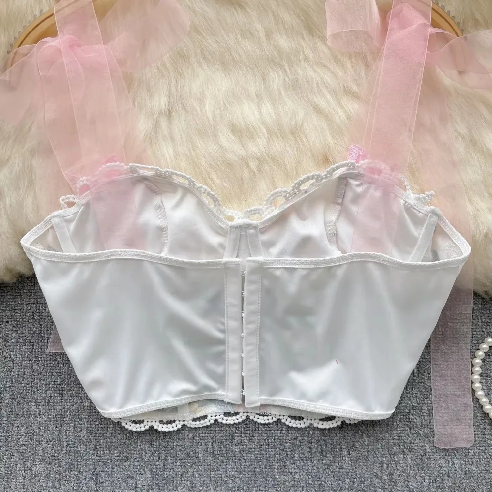 Chic Sweet Bandage Embroidery Camis French Fashion Tank Top Basic Slim Crop Top Sexy Goth Corset Bustier Summer Women Tops Ins