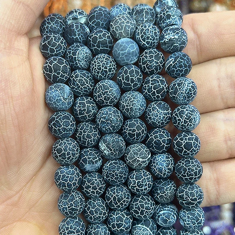 Handgefertigte, matte Perlen aus gefrorenem, rissigem, schwarzem Achat für die Schmuckherstellung, DIY-Ohrstecker, Schlüsselanhänger, Halbkette, 15' Strang, 4/6/8/10 mm – Detail 3