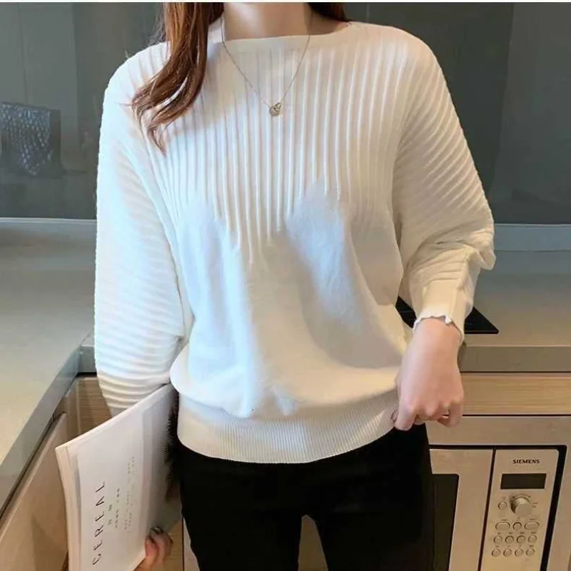 

New Style of Spring and Autumn Bat Sleeve Knitted Sweater Base Shirt 2024 One-length Loose Simple Versatile Top