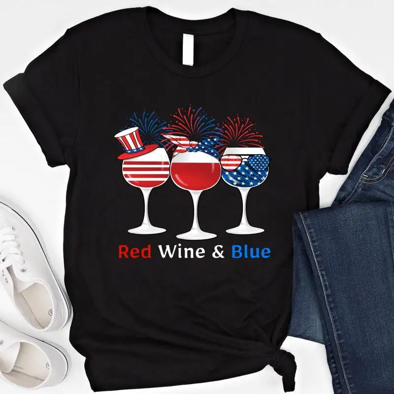 4 de julio camiseta vino dulce rojo y azul bandera de EE. UU. Día de la Independencia vasos americanos cuarto