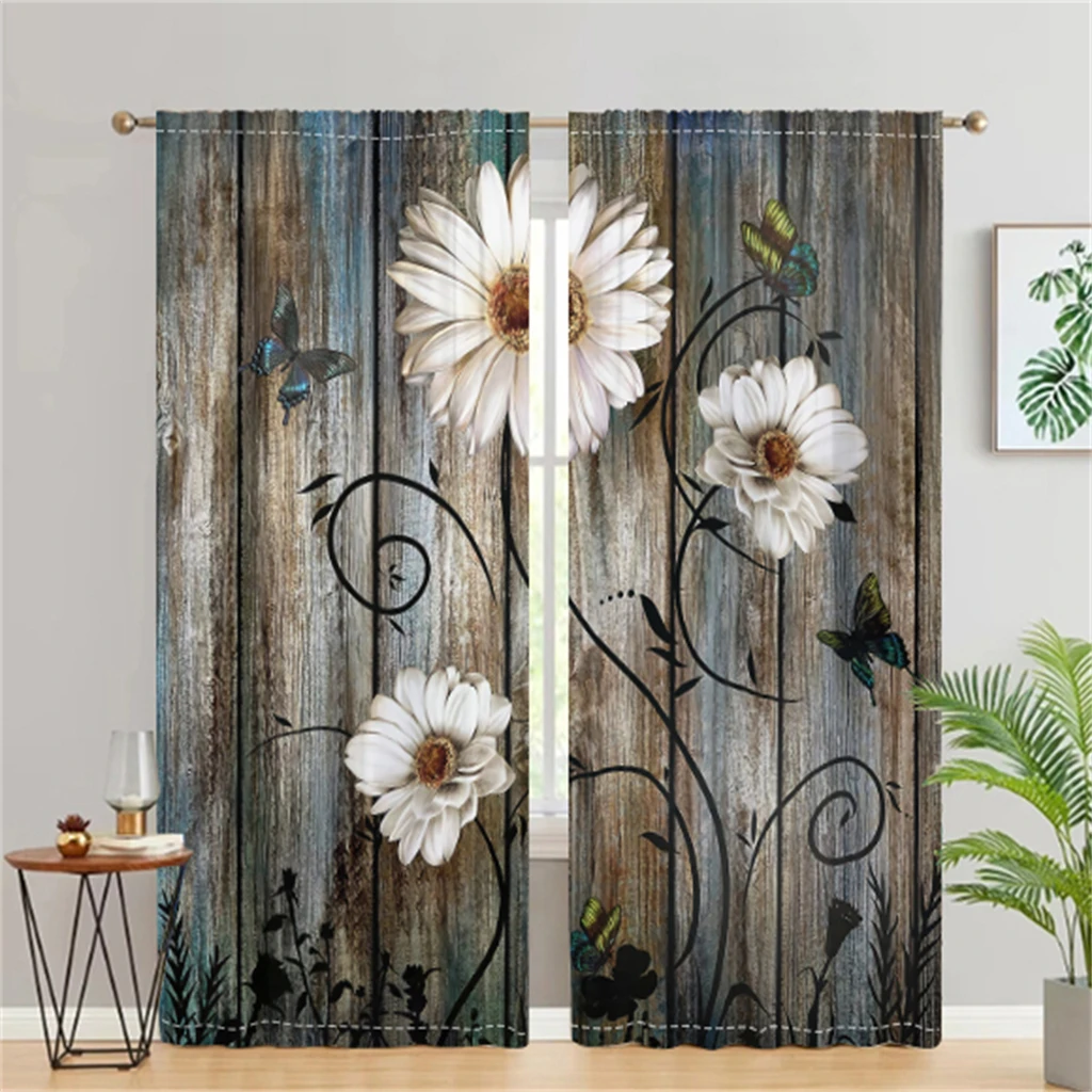 2 Pcs Rustic Wood Daisy Curtains Butterfly Floral Pattern Living Room Bedroom Sun Shade Decorative Curtains Country Style