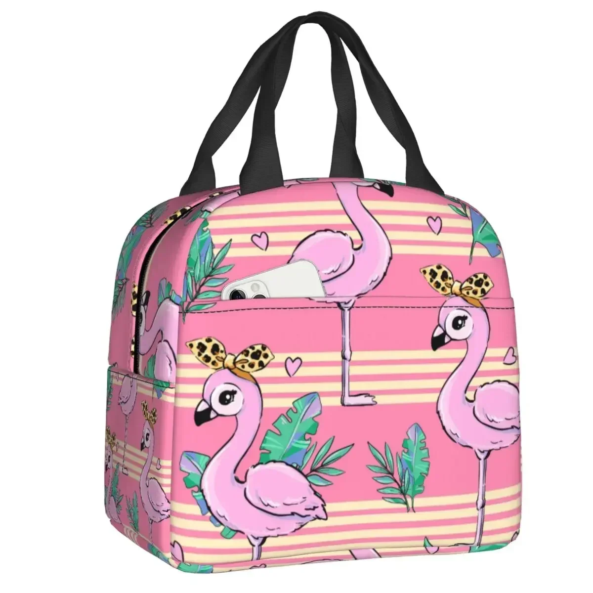 Seamless Pattern With Flamingo Insulated Lunch Bag for Work  and flowers Leakproof Food Thermal Cooler Lunch Box Women