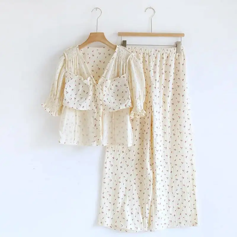 

Short Sleeved Pamas For Women Spring And Summer Cotton 2024 Newest Elegant Cute Tops With Chest Cushion Long Pants