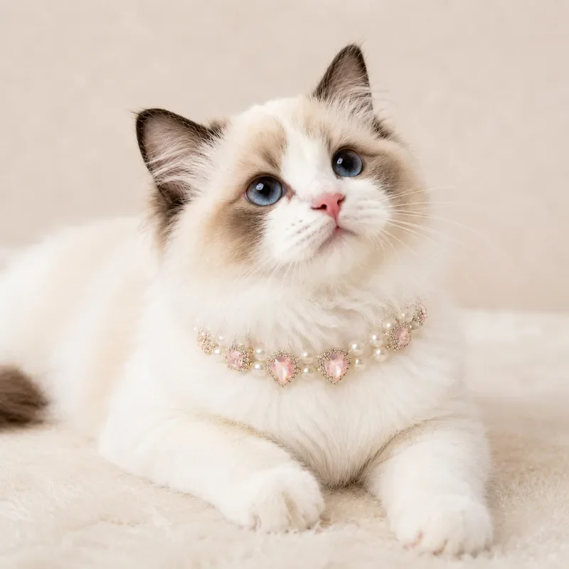 Luxury court style pet pearl necklace pink rhinestone pendant cat and dog collar cross-border explosion factory direct sales