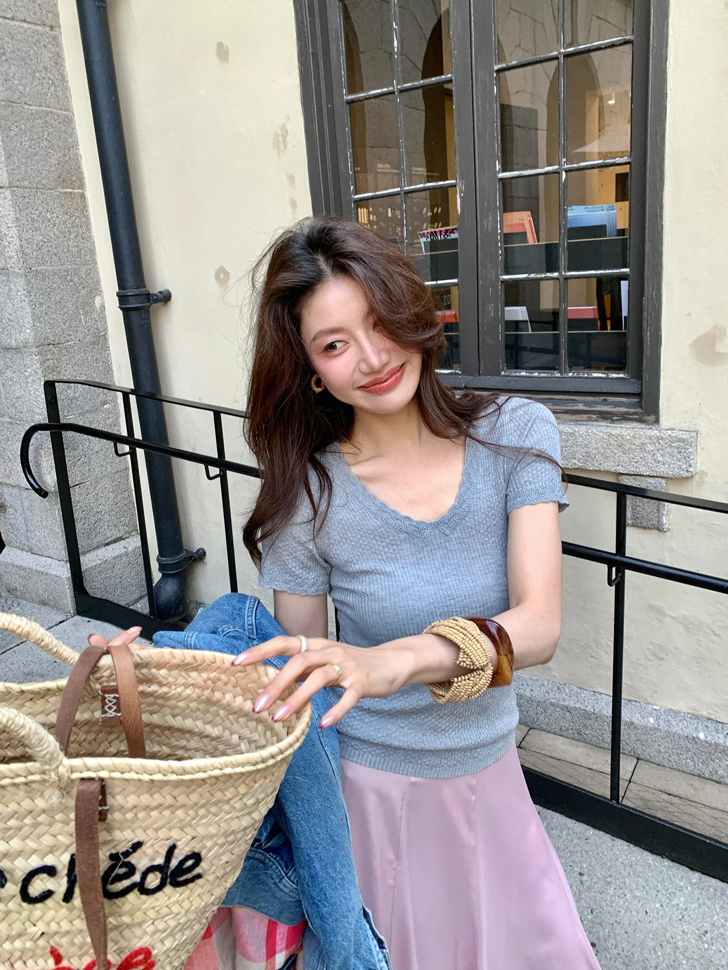 

Slimming V-Neck Short Sleeve T-Shirt Pure Color Versatile Basic Style Knitted Fabric Dragon Xi Er Women's Elastic J321