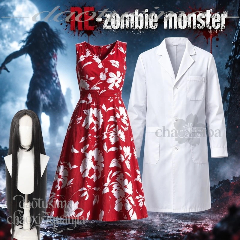 Horror Game Movie RE Cosplay Monster Zombie Female Ghost White Flower Pattern Red Dress Wigs White doctor's Coat Halloween Party