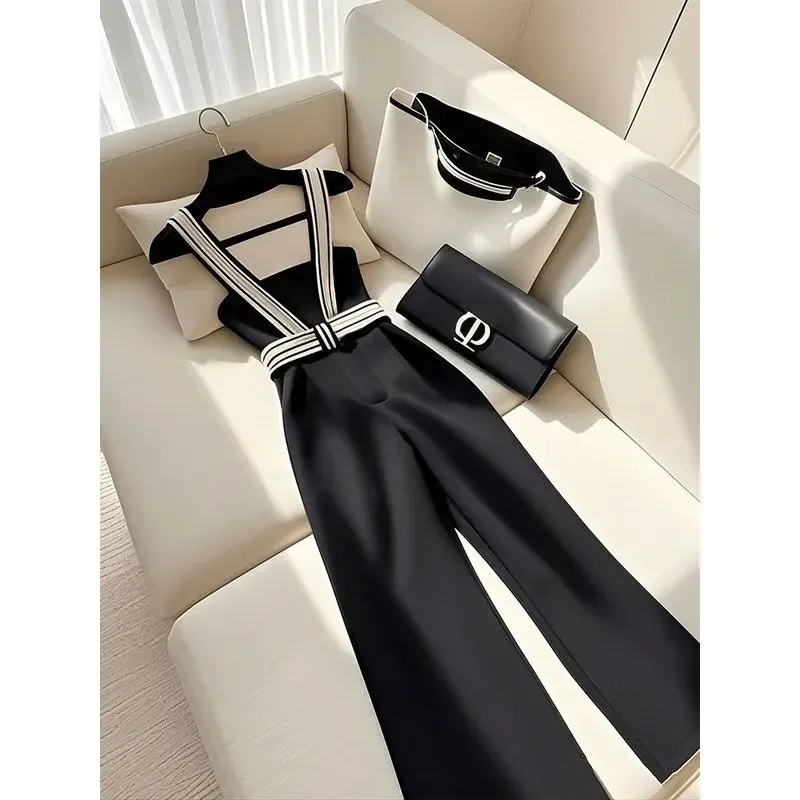 Korean Fashion Black Jumpsuit Women Elegance Strap Camisole Wide Leg Pant Jumpsuit Summer Frence Office Lady Design Style Formal