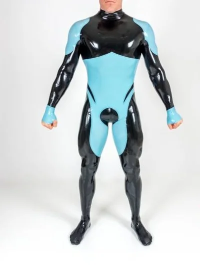 Christmas 100% Latex Gummi Catsuit Bodysuit Rubber Men's Fitness Uniform Kostüm Gummi Anzug Colorblock Fietsh Clubwear