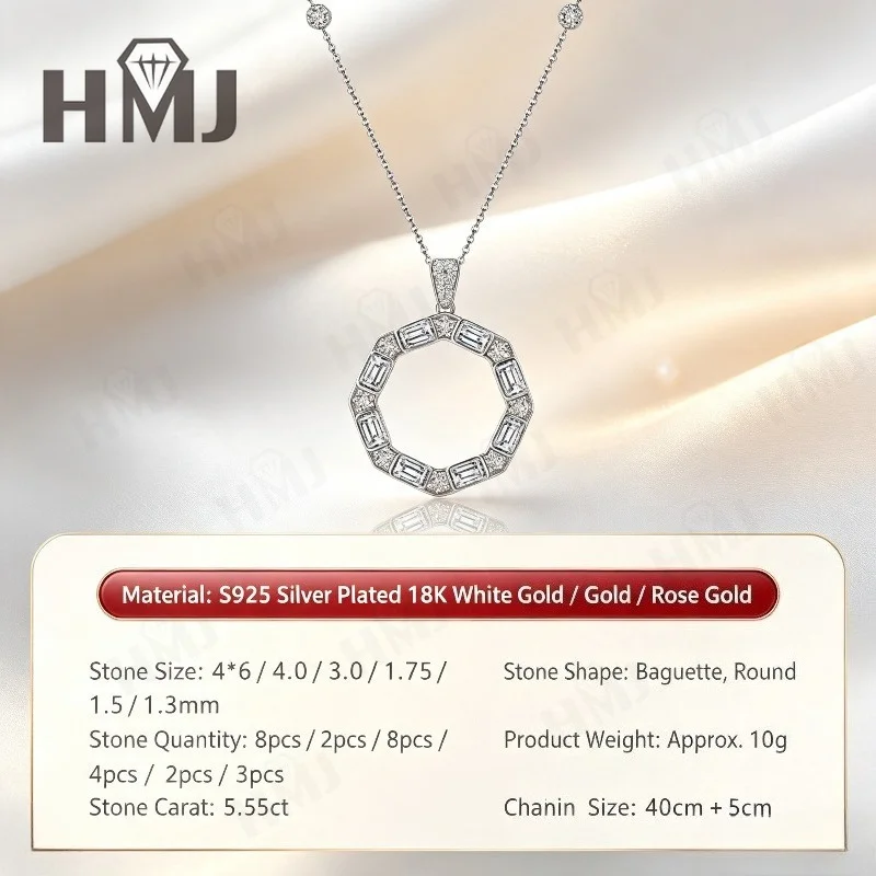 925 Sterling Silber Halskette mit Baguette-Schliff Moissanit Oktagonaler Kreisanhänger Hohlkreiskette Schmuckgeschenk für Frauen Charms – Detail 3