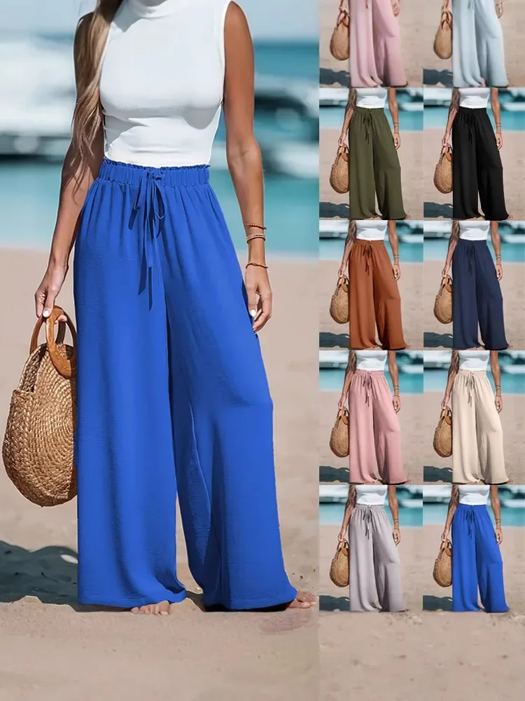 

2025 Cross border Women's Four Seasons Wide Leg Loose Drawstring Casual Fashion Pants