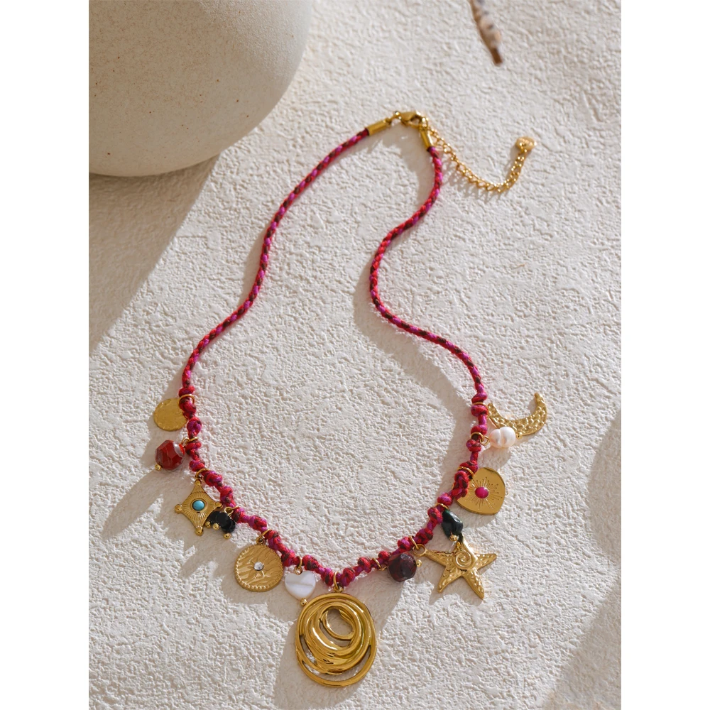 Yhpup Fashion Rope Braided Handmade Necklace Drop Natural Stone Moon Star Stainless Steel Accessories Popular Jewelry