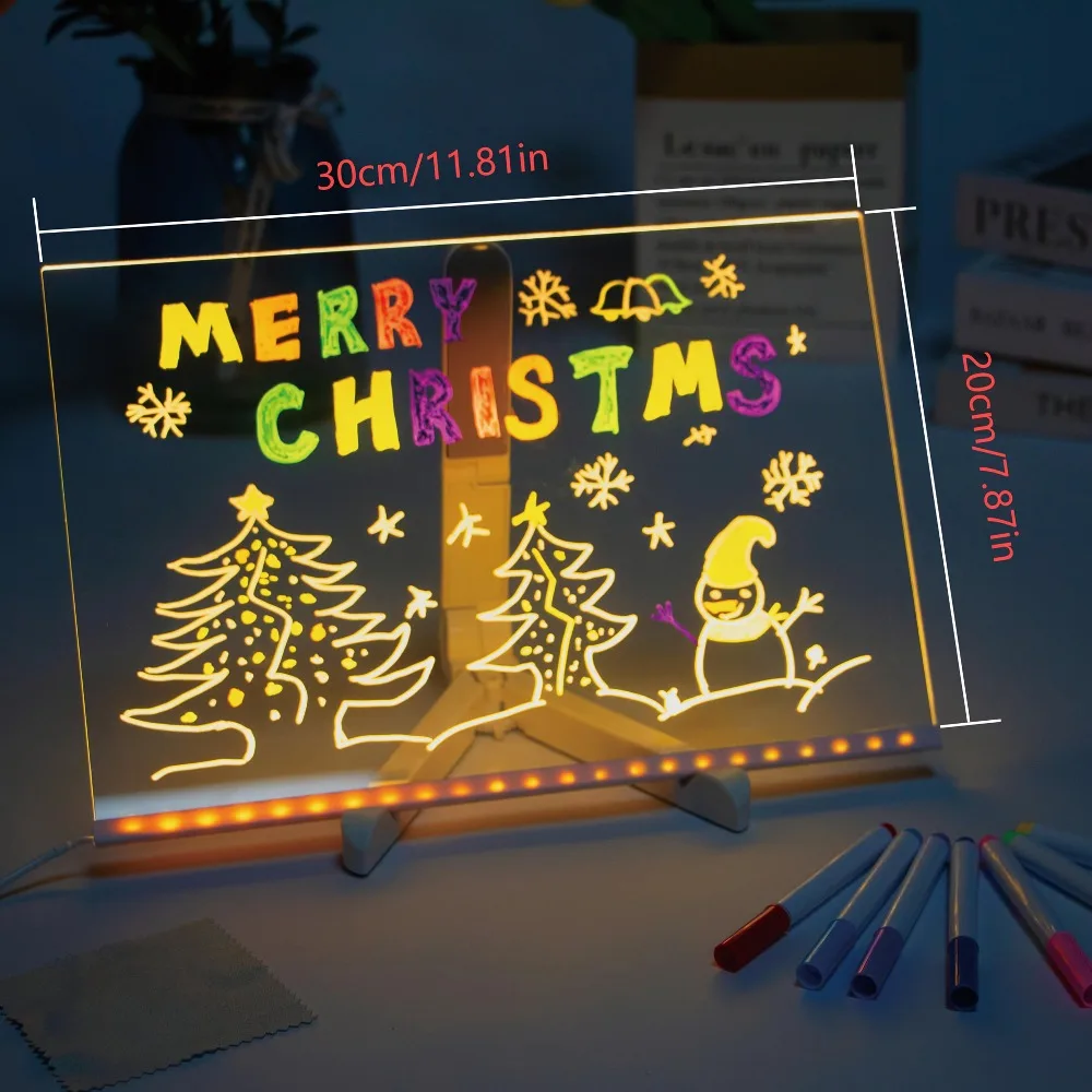 

Light-Up DIY Children's Glowing Drawing Board with 7 Color Pens & Night Light, USB-Power Reusable Acrylic Message Board w/ Stand