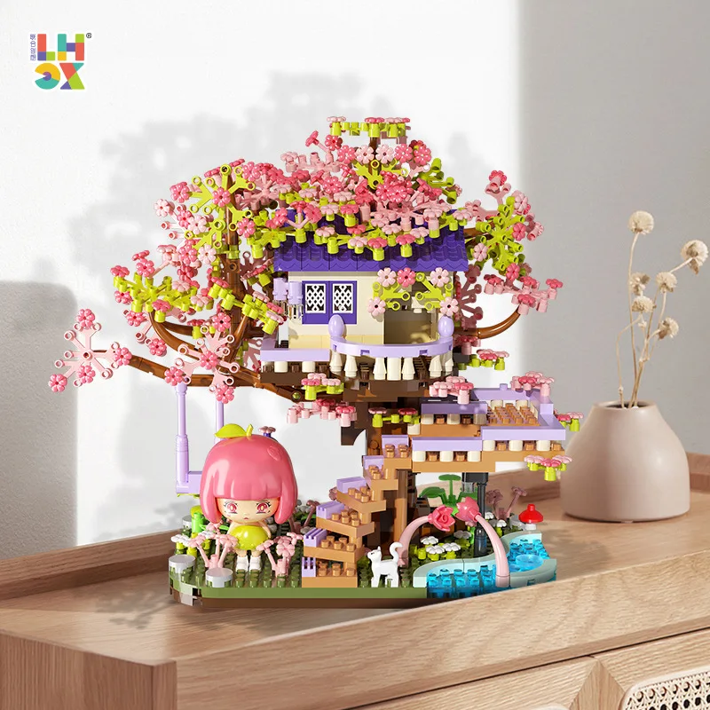 Mini Building Blocks Toy DIY Cherry Blossom Train Station Tree House Architecture Bricks for Kids Gift