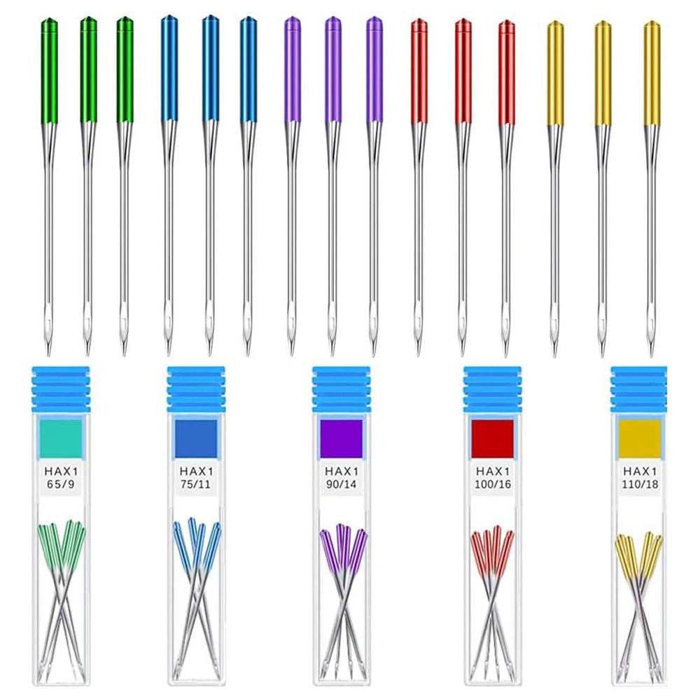 30PC Universal Point Needles for Home Sewing Machine Singer, Brother, Janome 5 Size HAX1 65/9, 75/11, 90/14, 100/16, 110/18