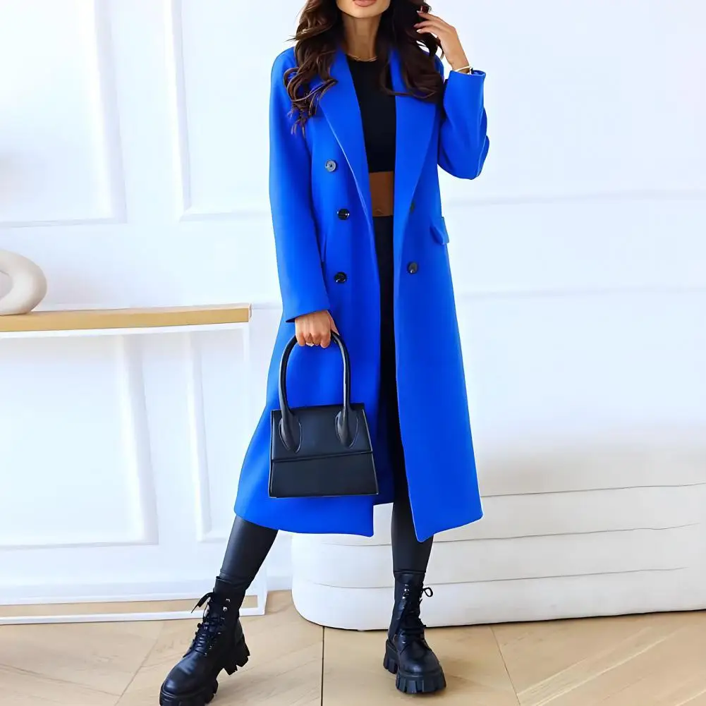 2026 Women Coat Lapel Button Women Coat Women's Long Wool Blend Coat Double-breasted Trench Overcoat Notch Lapel for Fall