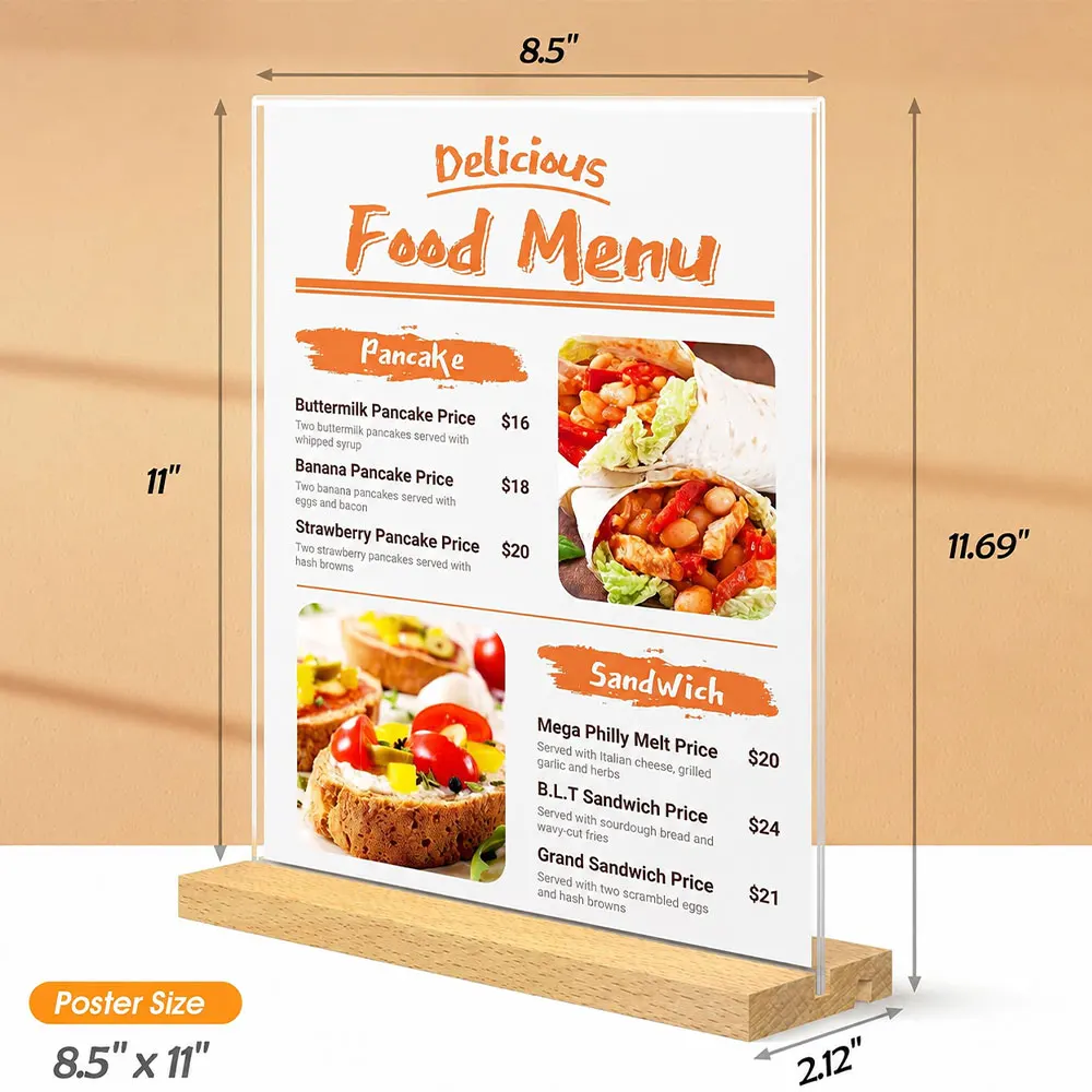 3-Pack 8.5x11in Acrylic Sign Holders with Wood Bases, Clear L/T-Shaped Desktop Menu and Vertical Paper Display Stands and Frames