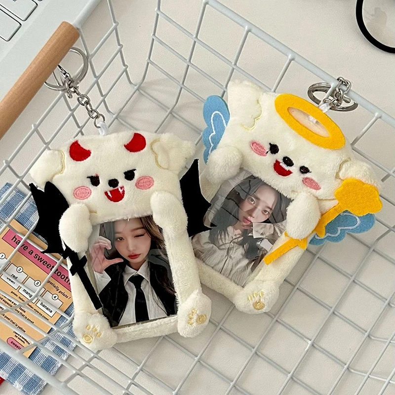 Angel Devil Puppy 3 Inch Kpop Photocard Holder Kawaii Plush ID Card Photo Display Holder Bag Korean School Stationery