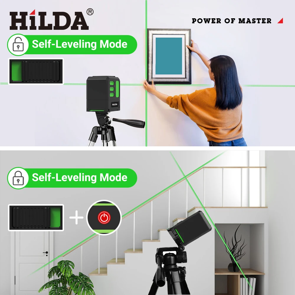 HILDA 2 Lines Laser Level Self-Leveling Meter Cross Green Level Laser Horizontal & Vertical High-Precision Measuring Tools ﻿