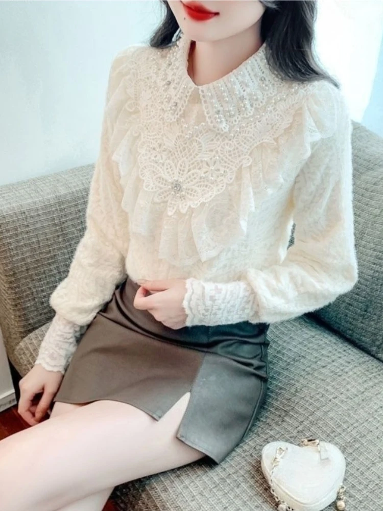 

Women French Long Sleeve Lace Shirt Autumn Winter Heavyweight Beading Ruffle Half Turtleneck Fleece Lined Warm Top