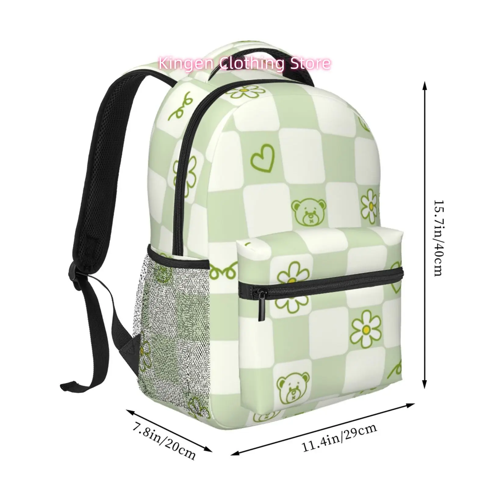 Pastel Green Checkered Bear And Flower Print Backpack, Oxford Cloth Adjustable Strap Casual Daypack for Fans of Kawaii Aesthetic