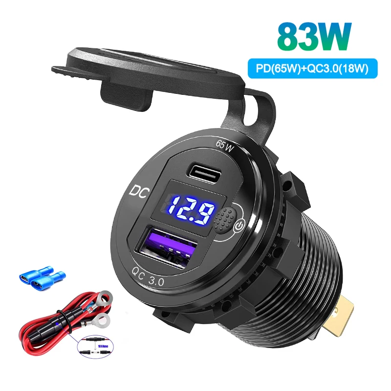 12V/24V USB C Car Charger 83W Fast Charging 65W PD3.0 & 18W QC3.0 LED Digital Display Power Switch for Cars RVs ATV Motorcycle