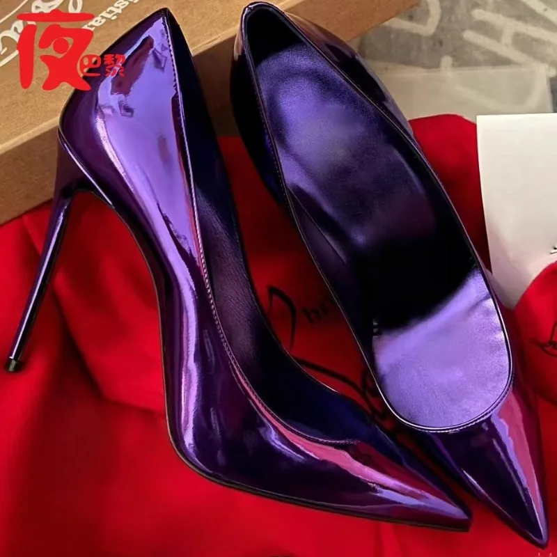 

12cm laser-cut deep purple-blue night Paris high heels, new style thin heel single shoes, electric red open-toe wedding shoes