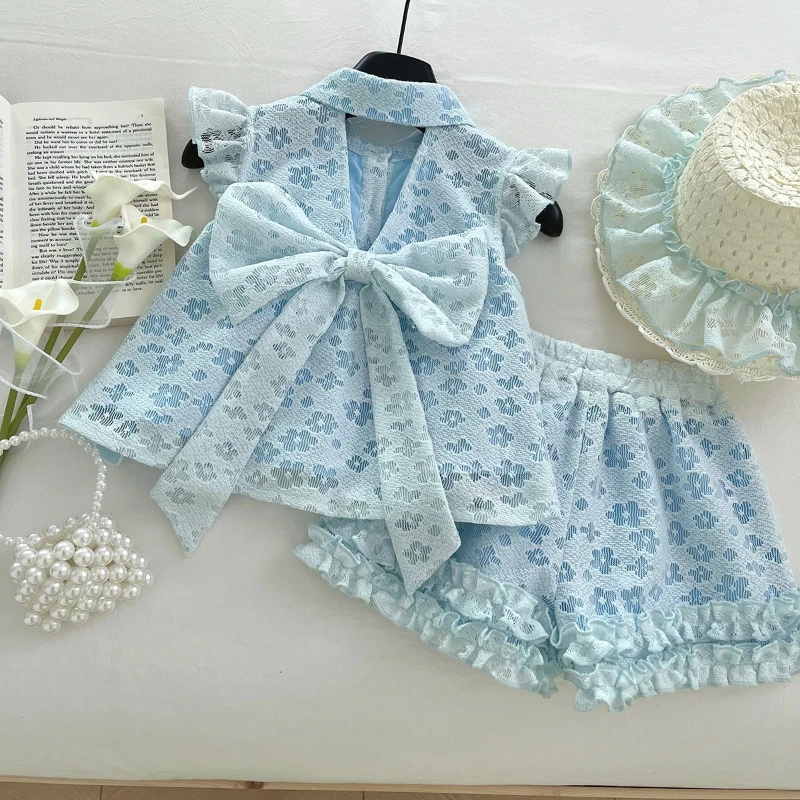 New Girls' Flower Vest Top+flower Bud Shorts Two-piece Set  with A Hat Girl Clothes Girls' Suit Summer