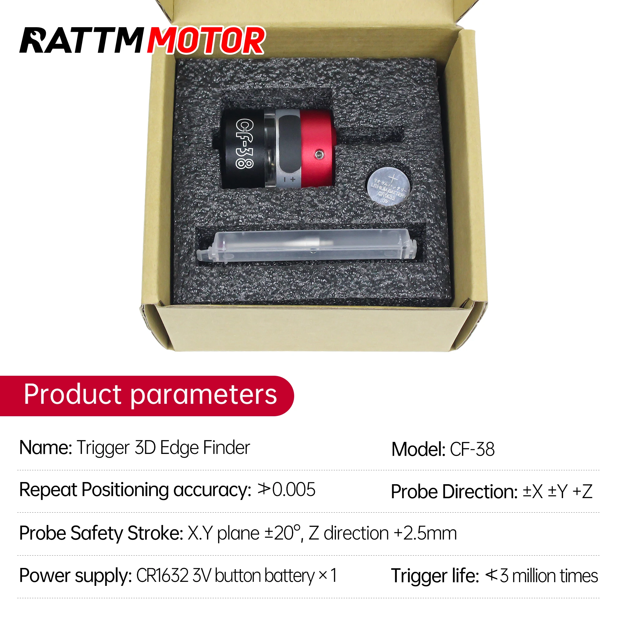 【Stock de la UE】RATTM Motor CF-38 Trigger 3D Edge Finder Sonda de precisión de tres coordenadas Varilla de centrado Herramienta Setter
