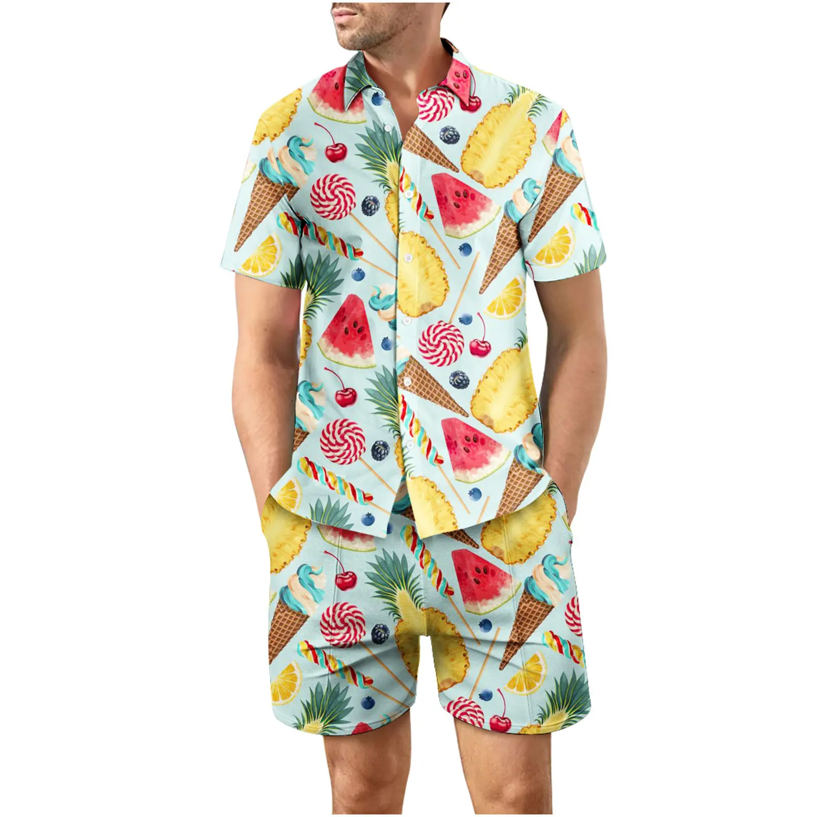 3D coconut tree print summer beach shirt men\'s set Hawaii outdoor dress casual short sleeved shirt+shorts 2-piece set