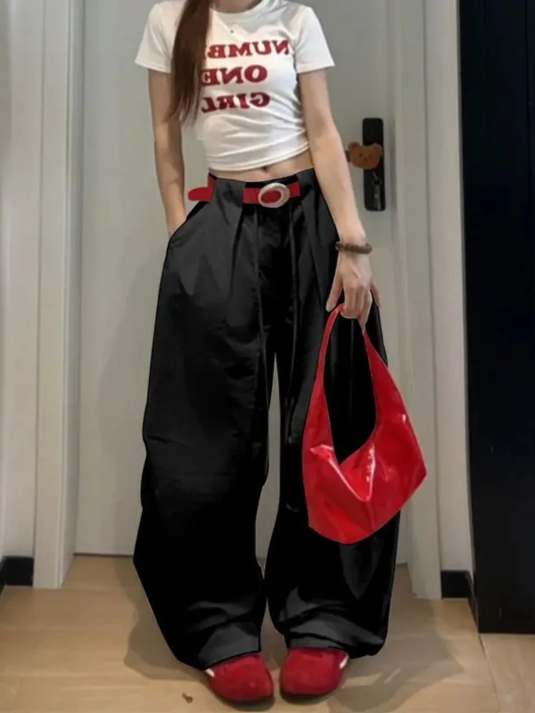 

HOUZHOU White Basic High Waist Wide Leg Women Pants Solid Color Korean Fashion Parachute Trousers Baggy Lace Up Youthful Summer