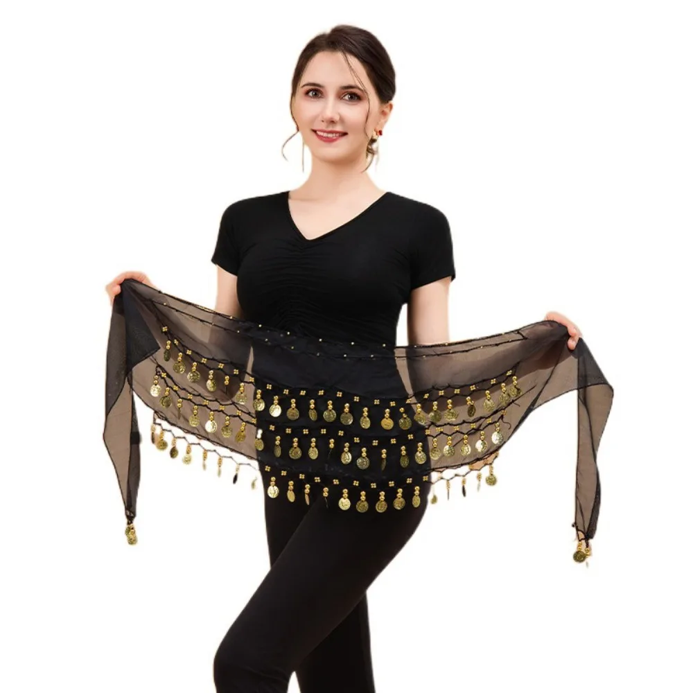 

Gold Color Coins Belly Dance Hip Scarf Three Layers Adjustable Hip Scarf Wrap Chiffon Material Comfortable Fit