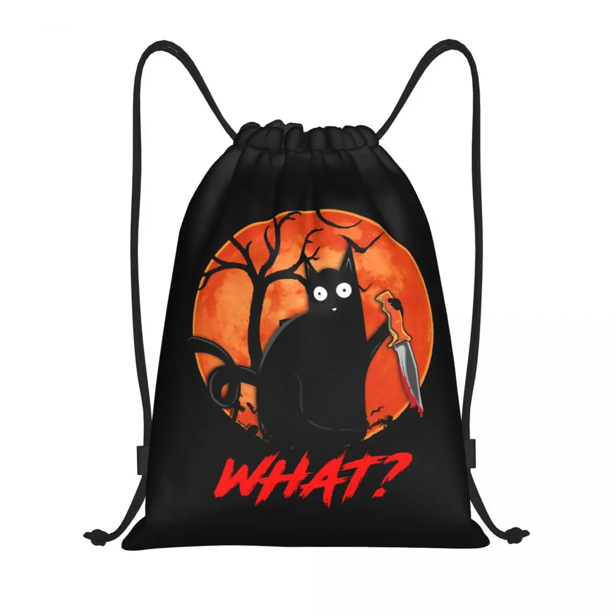 What Funny Black Cat Drawstring Bag  Portable Sports Gym Sackpack Murderous Cat With Knife Halloween Shopping Storage Backpacks