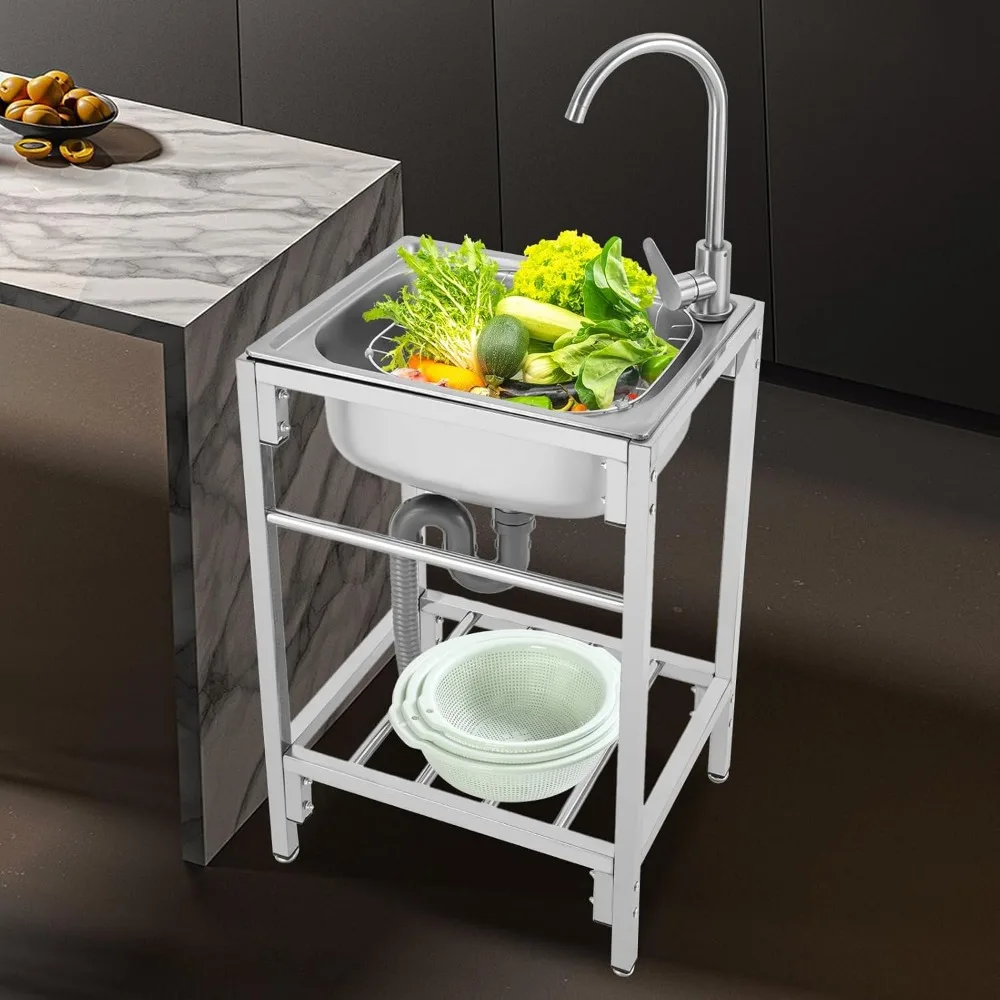 حوض فردي تجاري من الفولاذ المقاوم للصدأ مع صنبور ساخن/بارد وأرفف تخزين لغسل اليدين