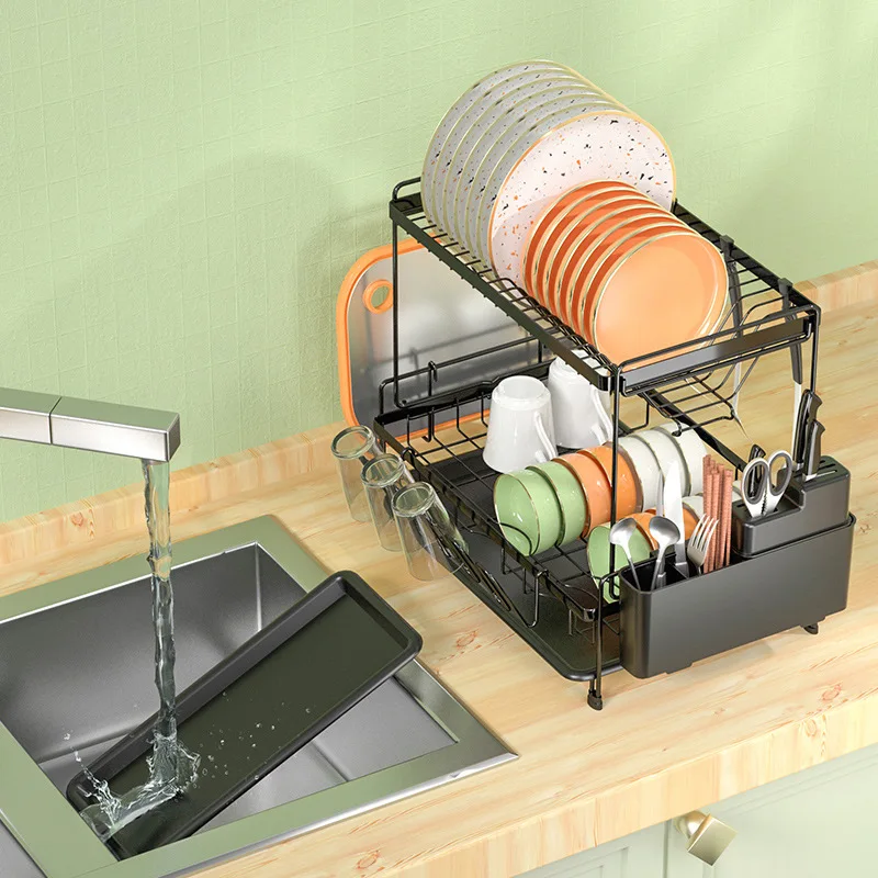 

Multifunctional Tableware Storage Rack Double Layer Drain Rack Foldable Kitchen Dishes Plates Chopsticks Knive Forks Drain Shelf