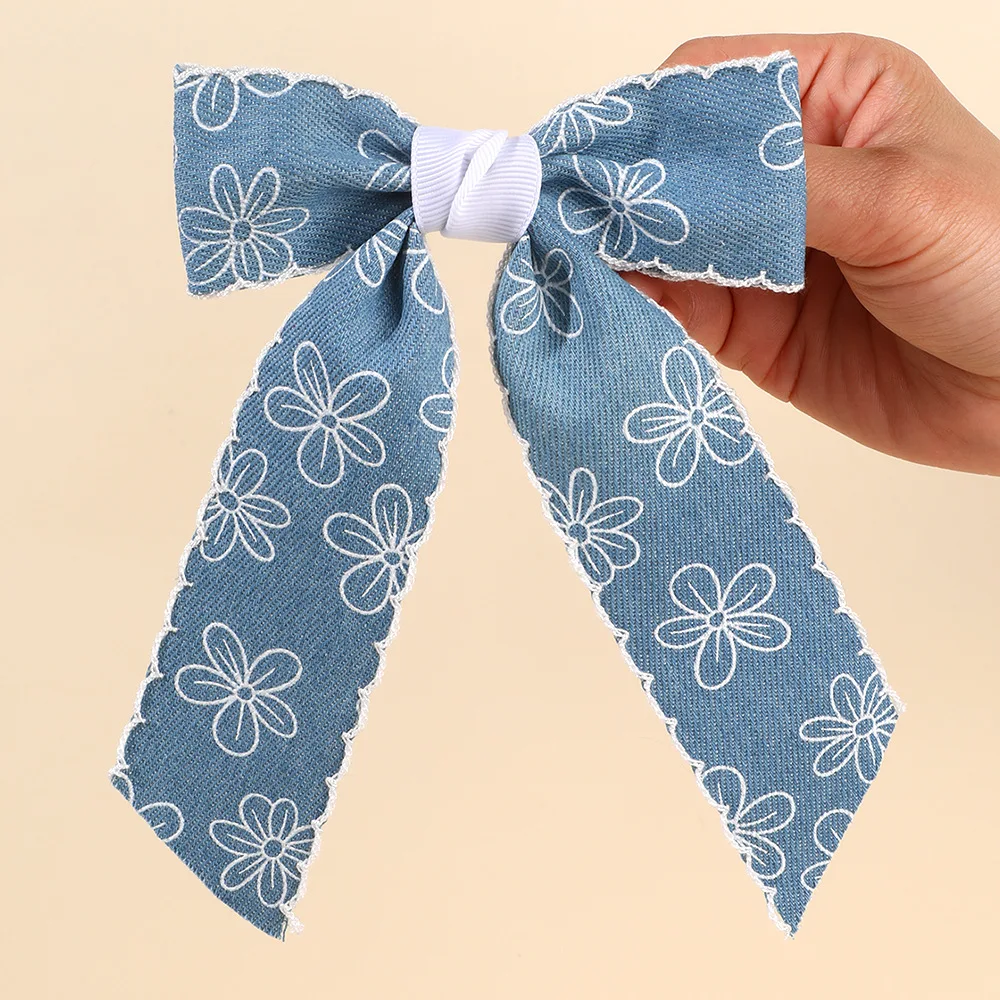 30pc Denim Blue Fabric Hairgrips for Women and Girls with Long Tassel Frill Edge Locked Side Clips Kid Headwear Accessories