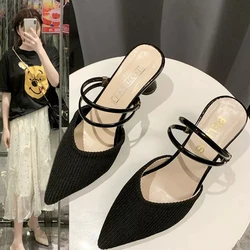 2024 summer new Korean version of knitted pointed high heel half slippers thick heel Muller shoes fairy wind women shoes