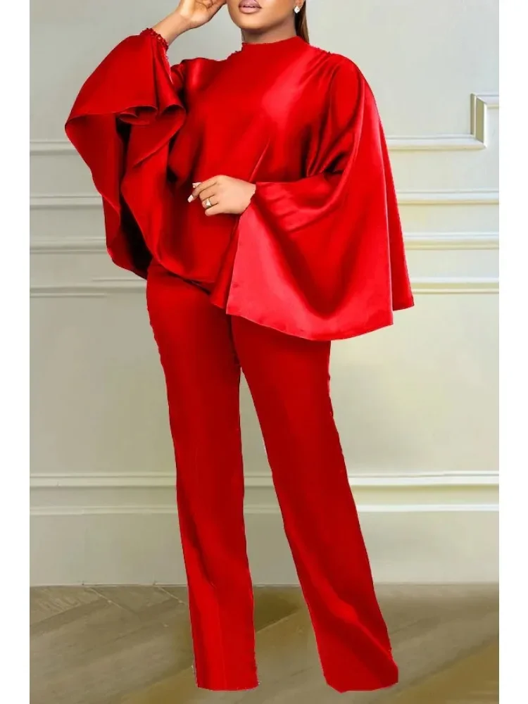 Winter Fashion Satin Two Piece Set African Women Elegant Solid  Loose Batwing Sleeves Top Wide Leg Pants Two Piece Set Women