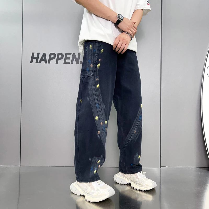 Washed Dyed Hand-Painted Jeans Men's Street Trend American Style Loose Straight Wide Leg Hip Hop Mop Trousers