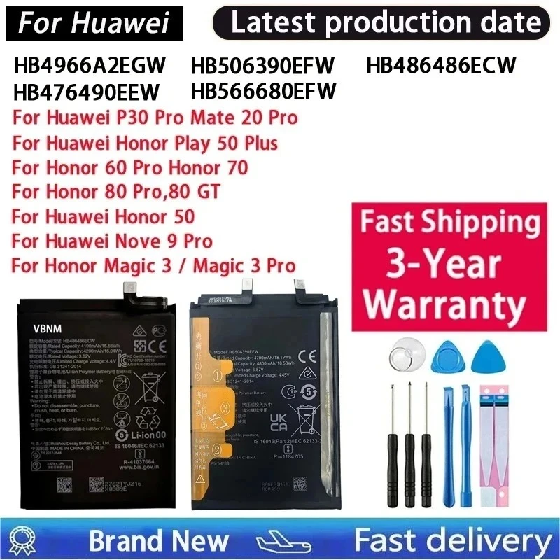 Hot Sale 100% Battery For Huawei Mate 20 Pro / P30 Pro Honor 50 Plus X7B 50 60 70 80 GT Nova 9 Pro Magic 3 Batteries