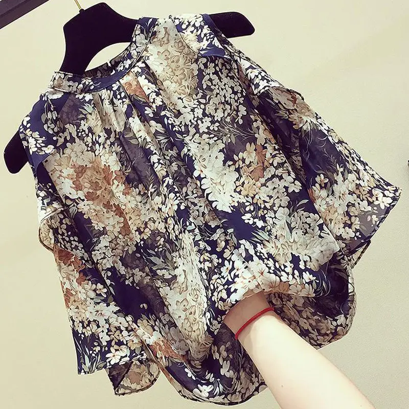 Fashion Elegant Floral Off Shoulder Chiffon Shirt Summer New Women Clothing O-Neck Ruffles Loose Casual Pullovers Blouses Female