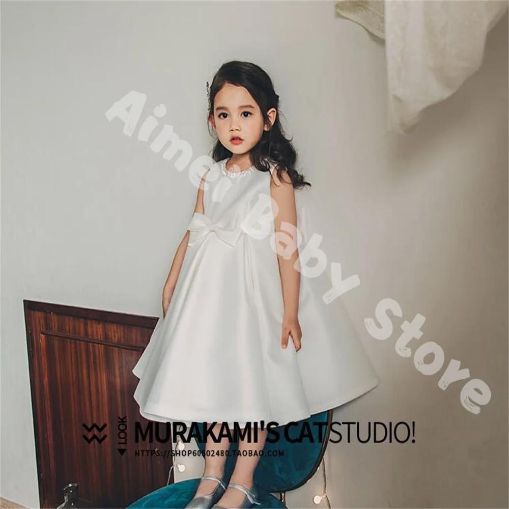 Flower Girl Dresses First Communion Dress White Sleeveless For Weddings Bow Tulle Party Little Girls Pageant Princess Dress