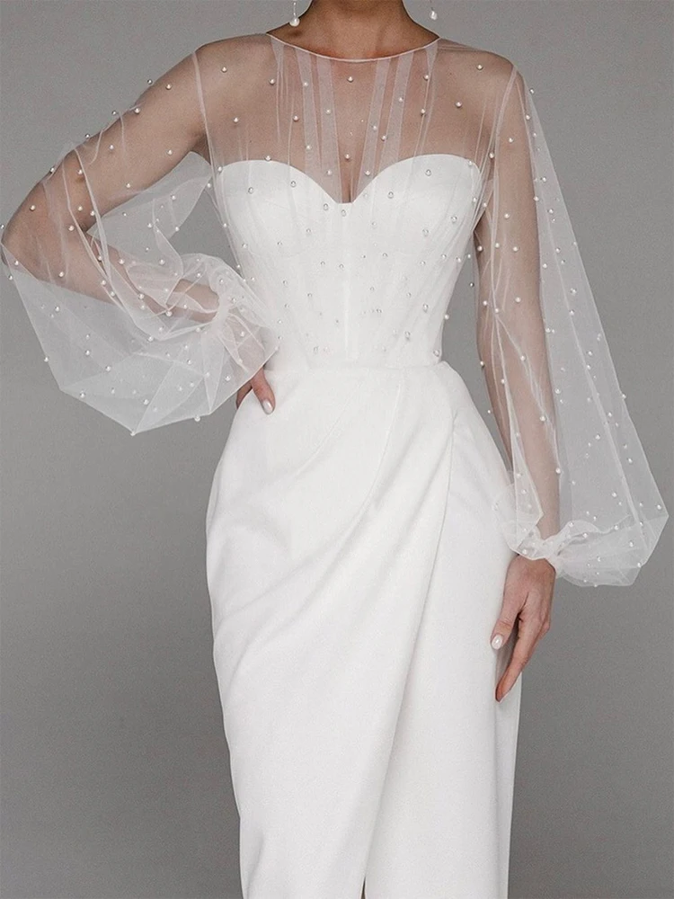 

Solid Tulle Pearl Patchwork Dress Women Elegant Backless See Through Waist Cinching Long Dresses 2026 Lady Evening Party Vestido