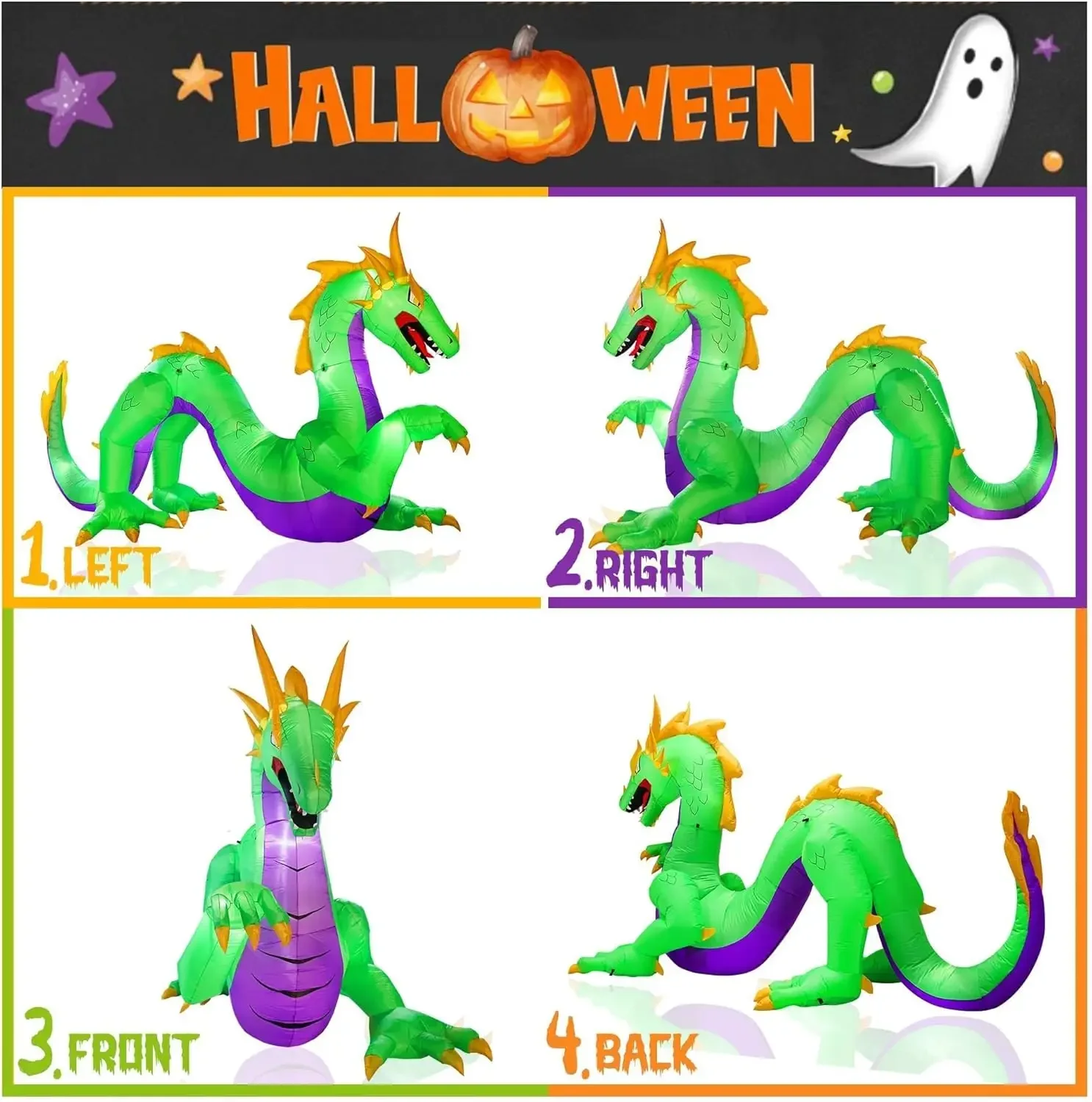 11FT Length Giant Green Halloween Inflatable Dragon, Blow Up Dragon Outdoor Halloween Inflatables Decorations Built-in 5 Bright