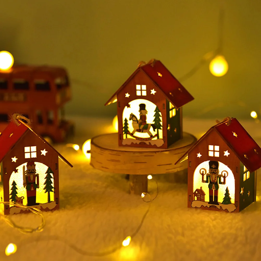 

3Pcs Xmas Nutcracker Soldier Wood House Pendant Christmas Luminous Hanging Decor Xmas Tree Ornament Holiday Decorative Pendant