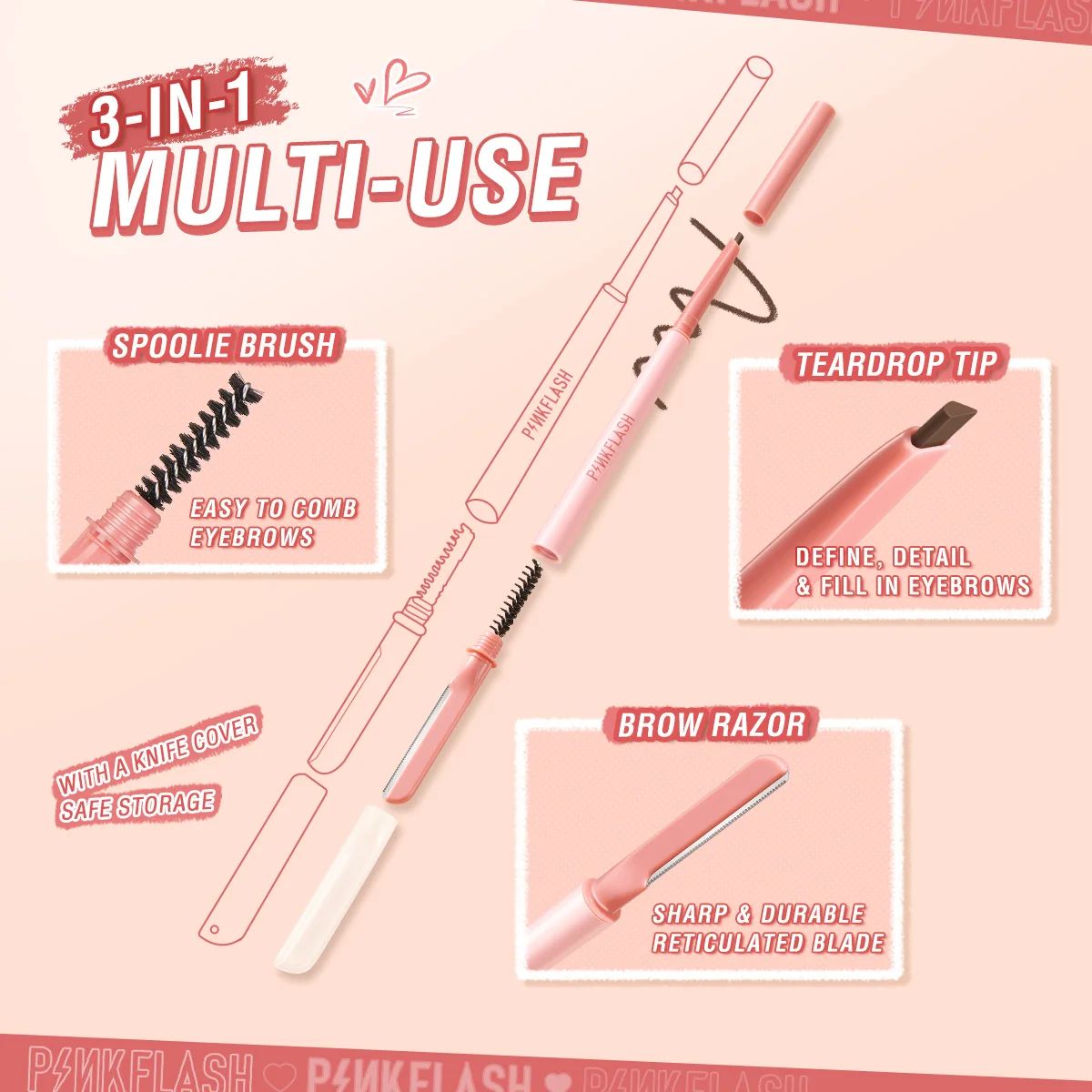 PINKFLASH 3 In1 Multi-use Eyebrow Pencil Waterproof Natural Eyebrow Enhancers Sweat-proof Eye Brow Tattoo Pen Makeup Cosmetics