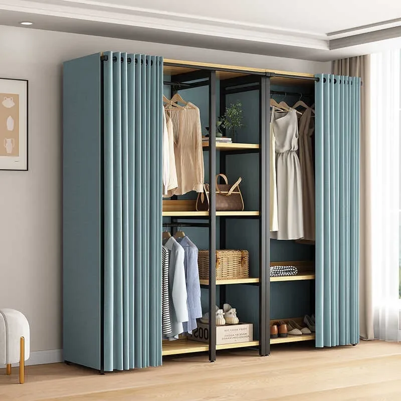 Simple Wrought Iron Floor Standing Wardrobe Light Luxury Bedroom Closet Storage Hanger for Rental House Cloth Garment