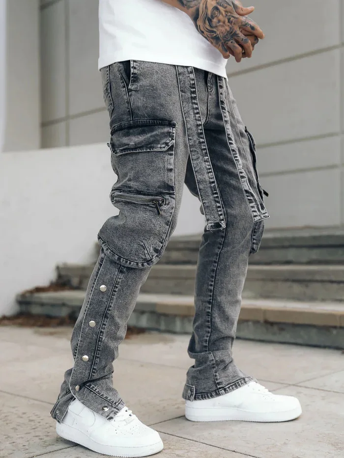 Men's Fashion Streetwear Hip Hop Cargo Jeans Pants With Pockets High Street Y2K Techwear Denim Trousers Slim Fit Plus Size 4XL