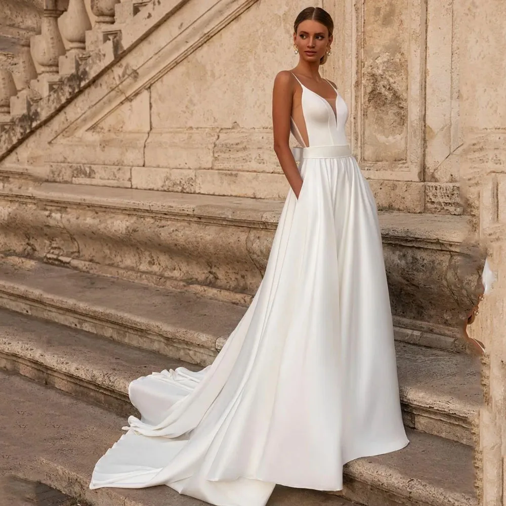 MOBEYE 2024 Elegant Long Satin V-Neck A-Line Ivory Spaghetti Straps Women’s Bow Tail Bridal Gown