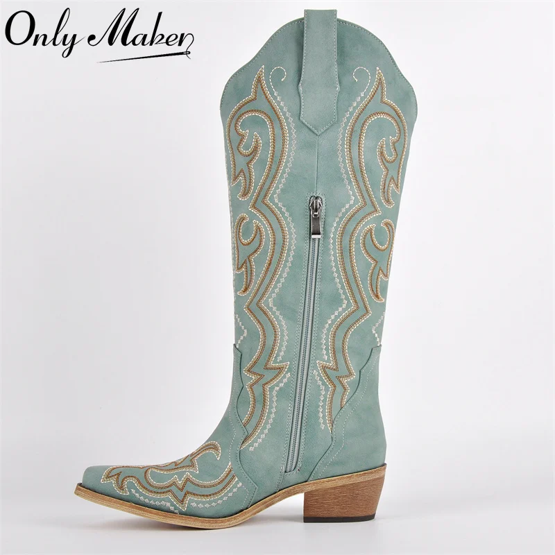 

Onlymaker Women Pointed Toe Side Zipper Knee High Embroidery Western Cowgirl Boots Chunky Heel Embroidery Cowboy Boots