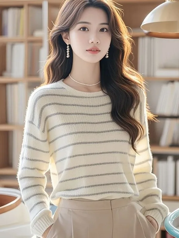 

Women's Thiened Loose round Ne Knitted Sweater Autumn Winter Stripe Design Comfortable Wear Outerwear Top